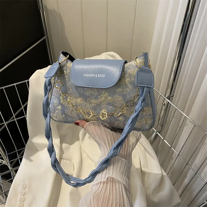 Blue Embroidered Textured Shoulder Bag for Women - Image 4