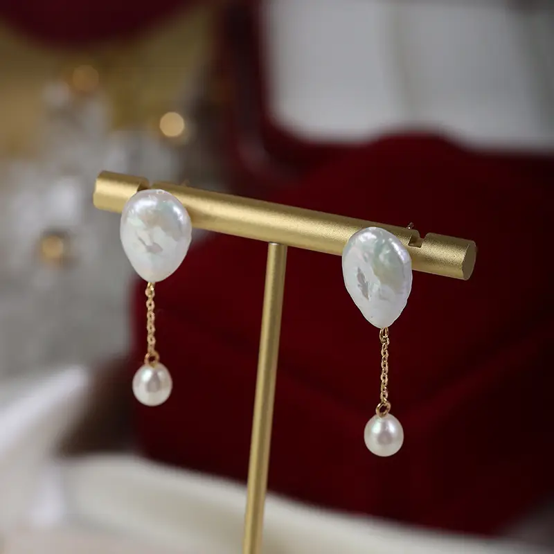 Baroque Pearl Earrings S925 Silver Gold Dangle - Image 4