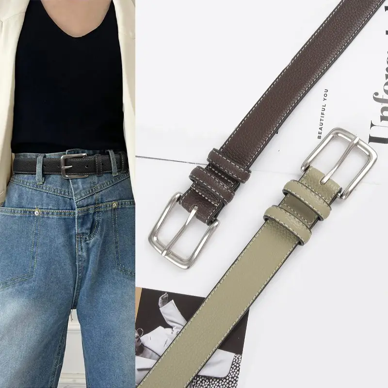 Women's Genuine Leather Belt Lemon Yellow with Buckle - Image 17