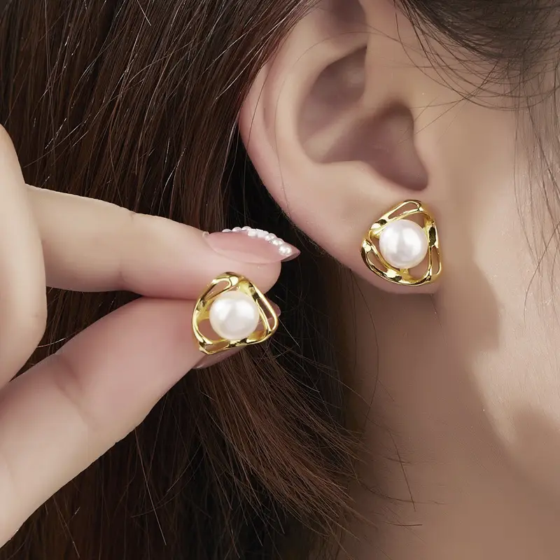 Korean Fashion Pearl Earrings Gold White Triangle Design - Image 2