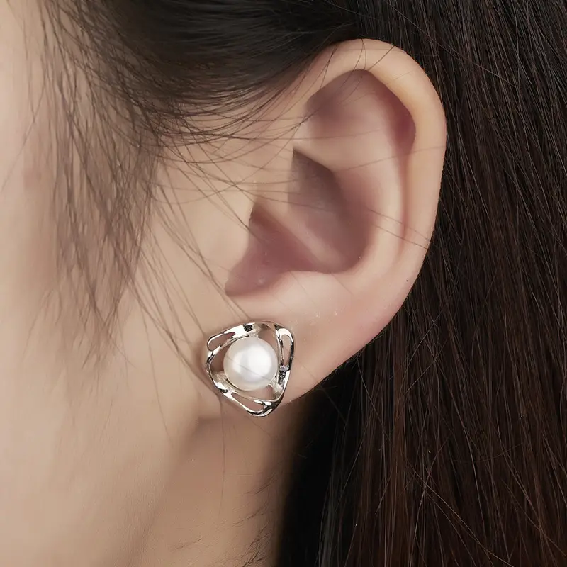 Korean Fashion Pearl Earrings Gold White Triangle Design - Image 3