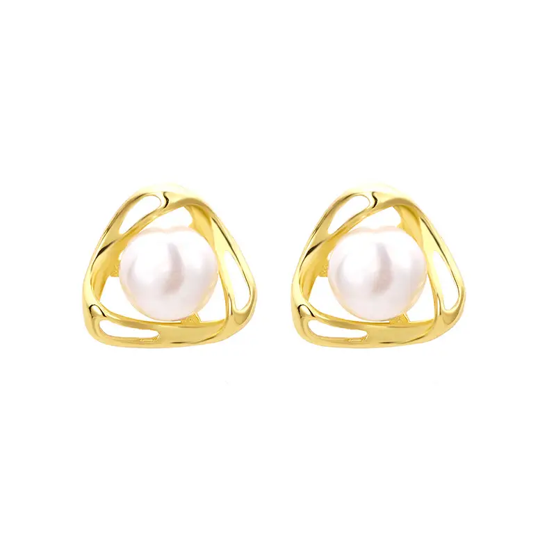 Korean Fashion Pearl Earrings Gold White Triangle Design - Image 5
