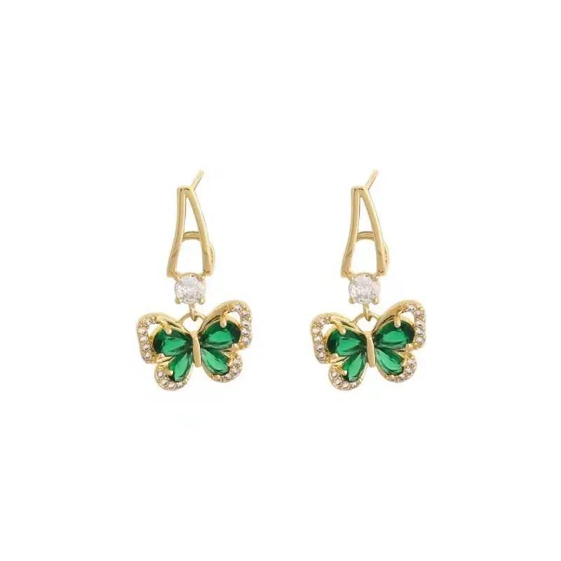 French Retro Green Zircon Butterfly Earrings for Women - Image 5