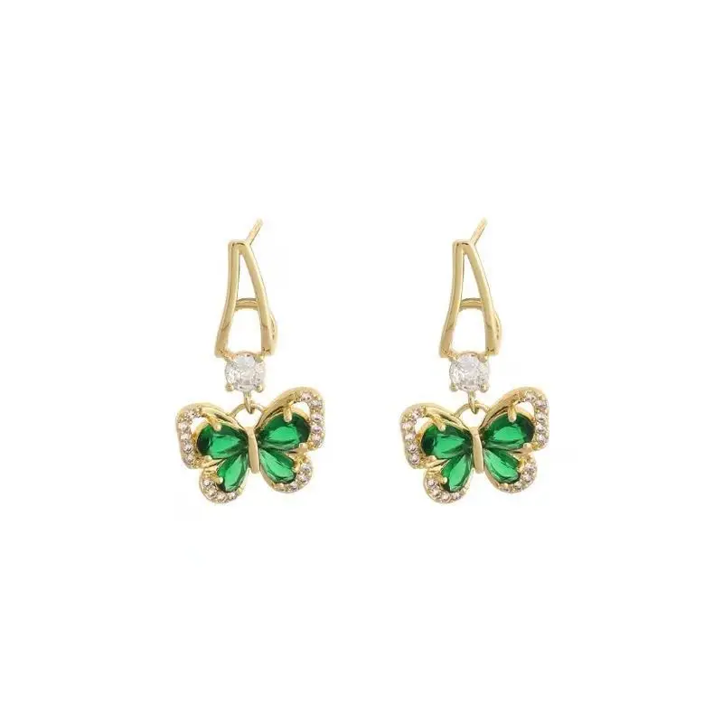 French Retro Green Zircon Butterfly Earrings for Women - Image 6