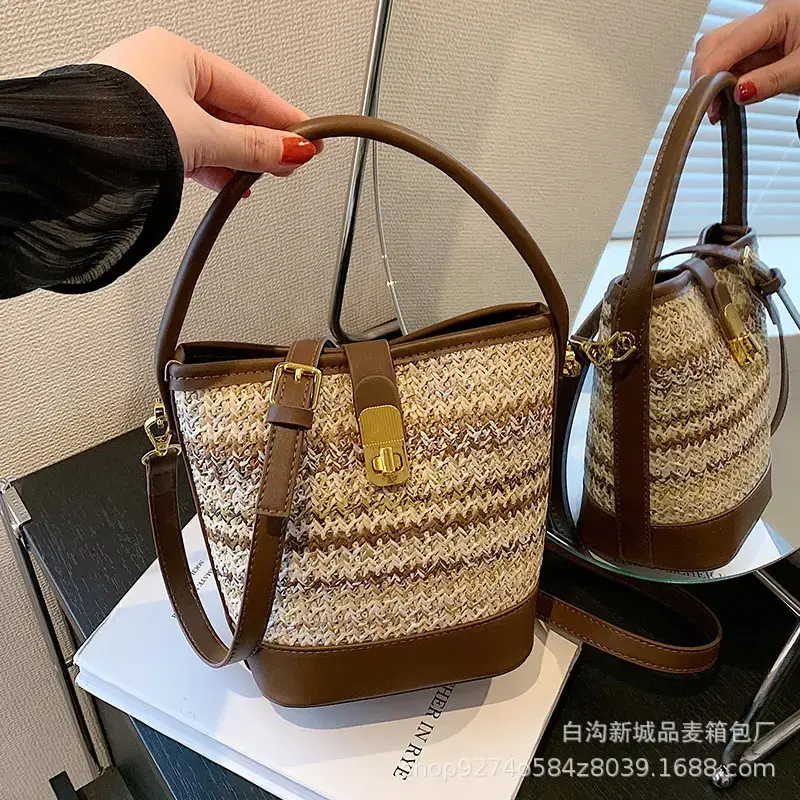 Women's Ethnic Straw Bag Brown Leather Handle 2023 - Image 6