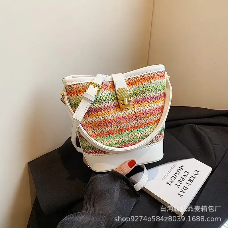 Women's Ethnic Straw Bag Brown Leather Handle 2023 - Image 2