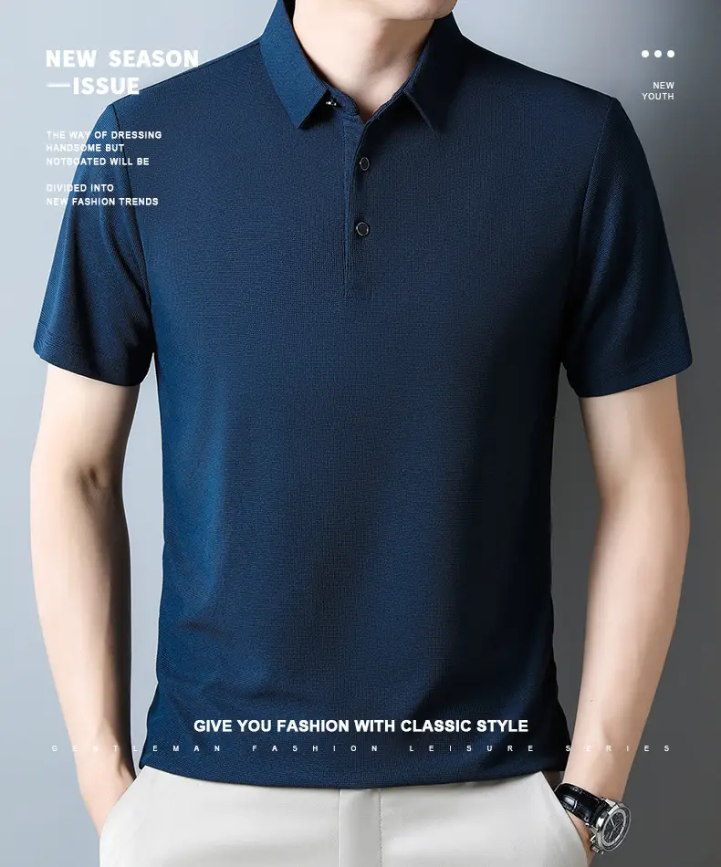 Men Navy Blue Polo Shirt Short Sleeve Casual Wear — feature 2