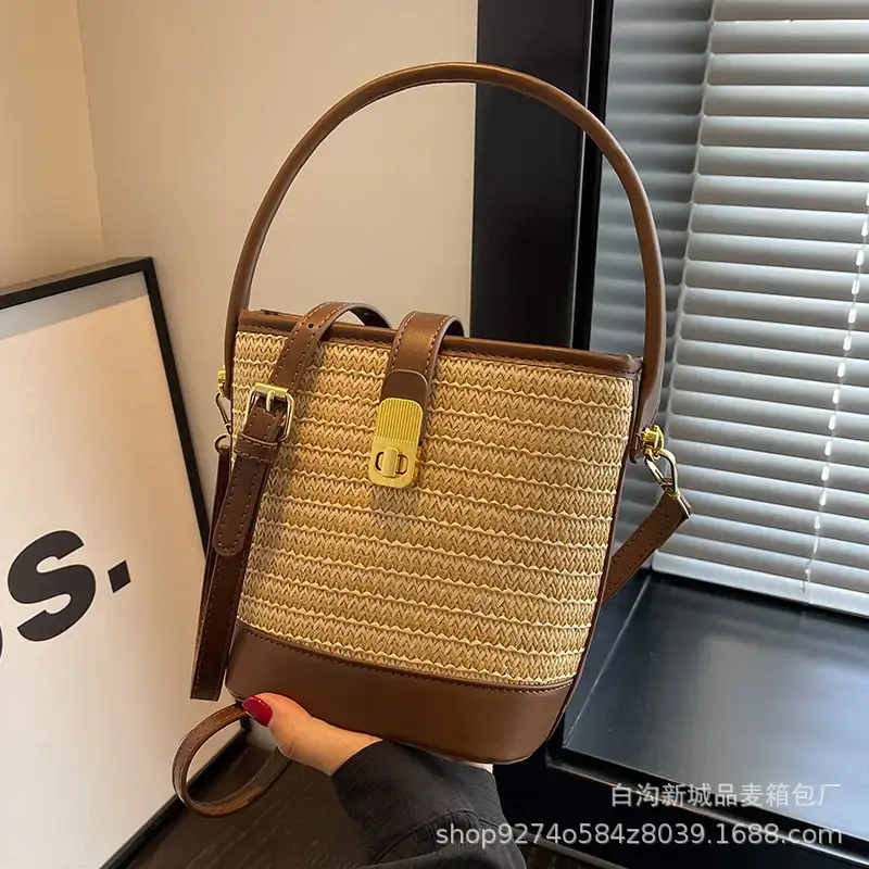 Women's Straw Bag with Brown Leather Handle 2023 - Image 5