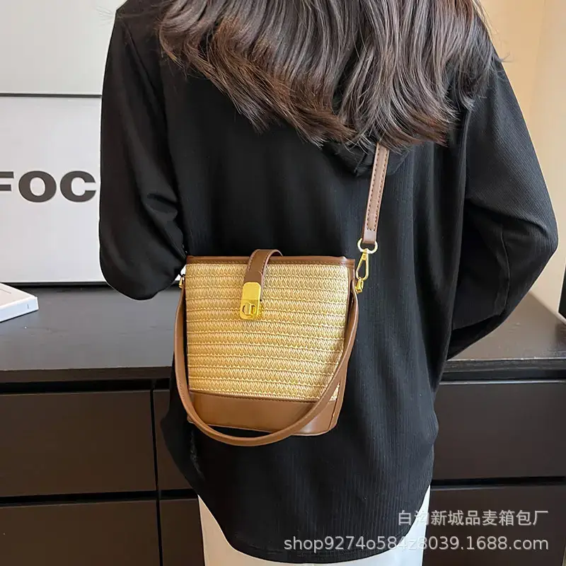 Women's Straw Bag with Brown Leather Handle 2023 - Image 6