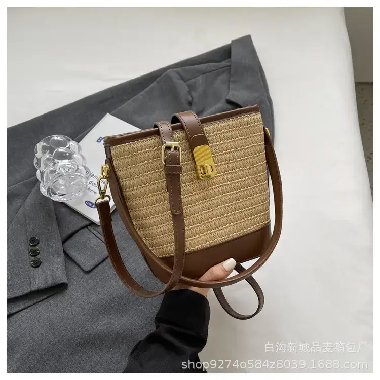 Women's Straw Bag with Brown Leather Handle 2023 - Image 2