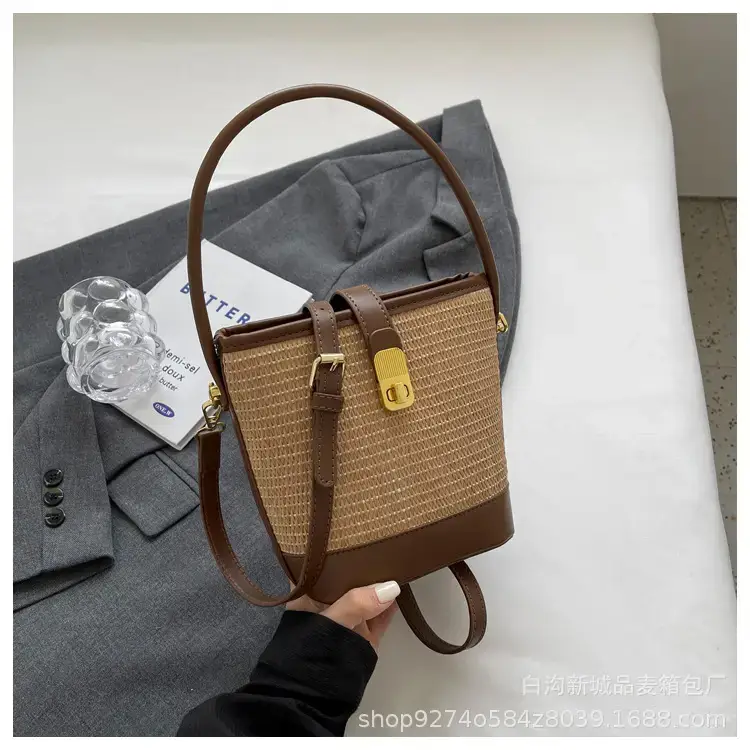 Women's Straw Bag with Brown Leather Handle 2023 - Image 3