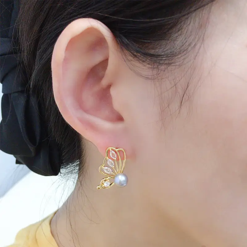 18K Gold Butterfly Pearl Earrings for Women