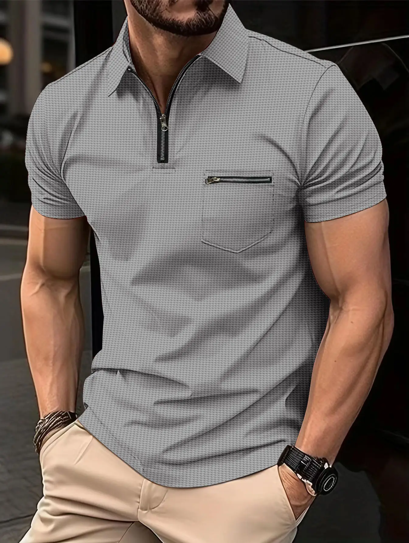 Men's Black T-Shirt with Zip Front & Pocket - Image 3