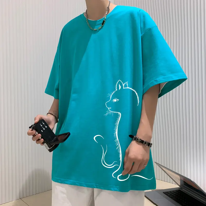 100 Cotton Cat Print T-Shirt Blue Loose Fit