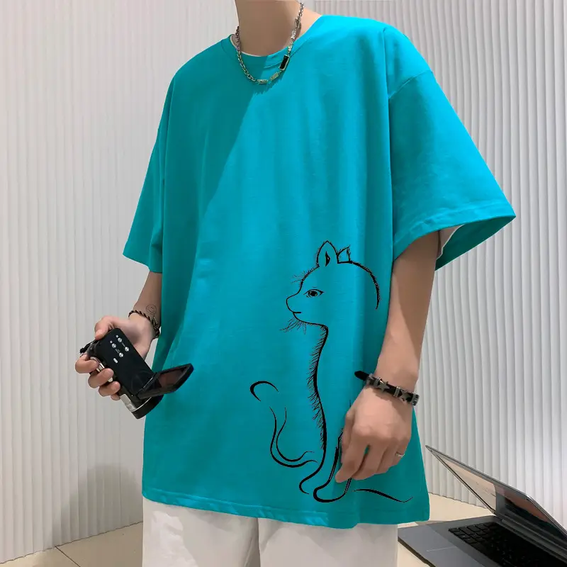 100 Cotton Cat Print T-Shirt Blue Loose Fit