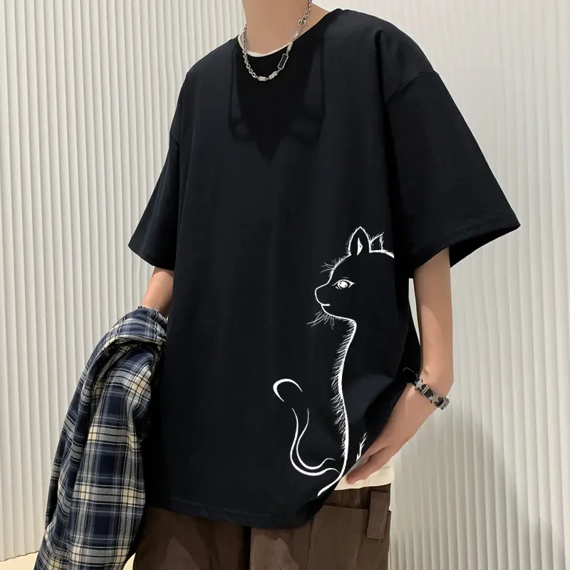 100 Cotton Cat Print T-Shirt Blue Loose Fit — feature 10