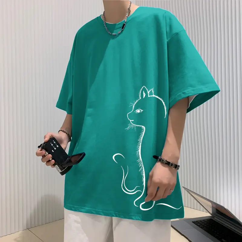 100 Cotton Cat Print T-Shirt Blue Loose Fit — feature 13
