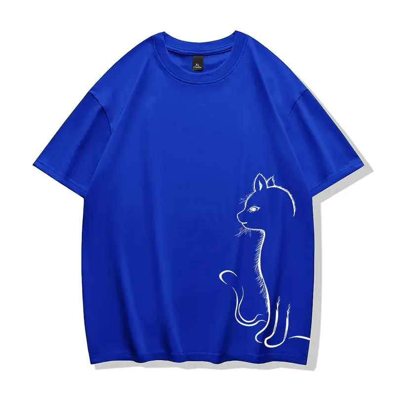 100 Cotton Cat Print T-Shirt Blue Loose Fit