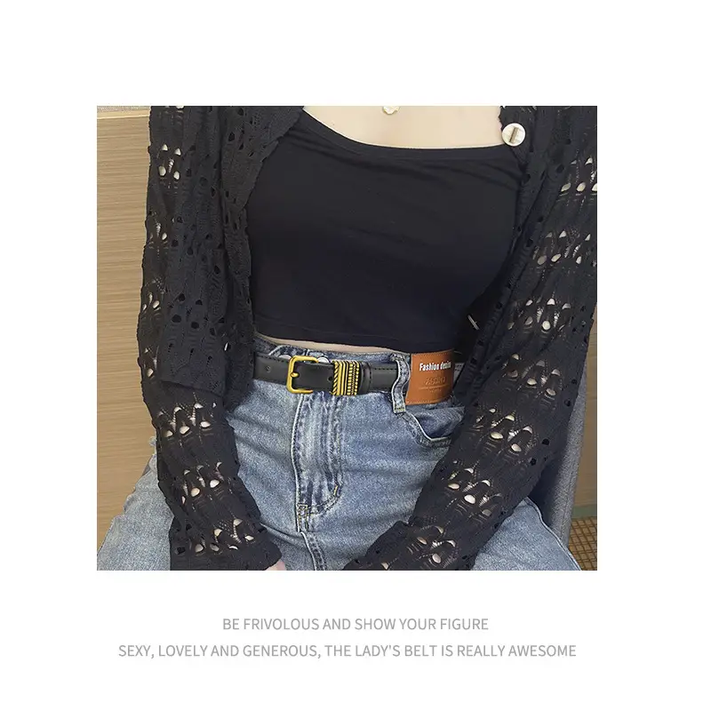 Women Brown Leather Belt with Crystal Buckle - Image 6