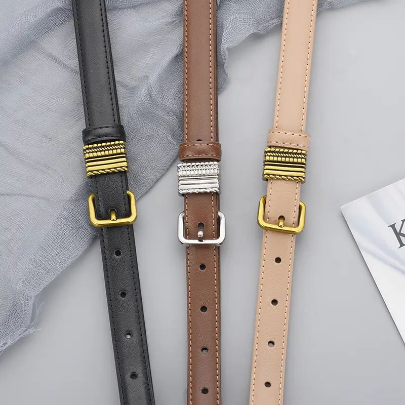 Women Brown Leather Belt with Crystal Buckle - Image 7