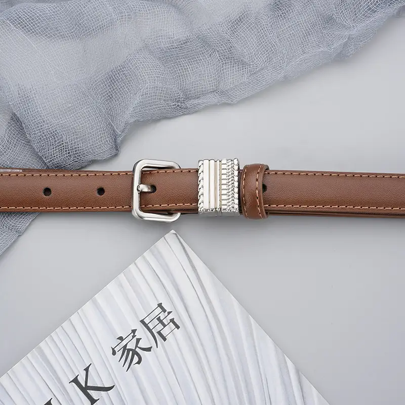 Women Brown Leather Belt with Crystal Buckle - Image 8