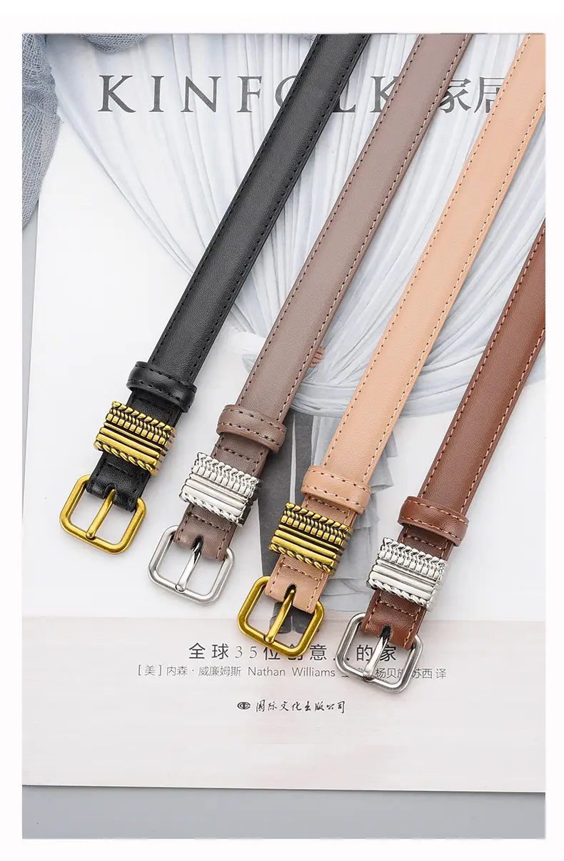 Women Brown Leather Belt with Crystal Buckle — feature 15