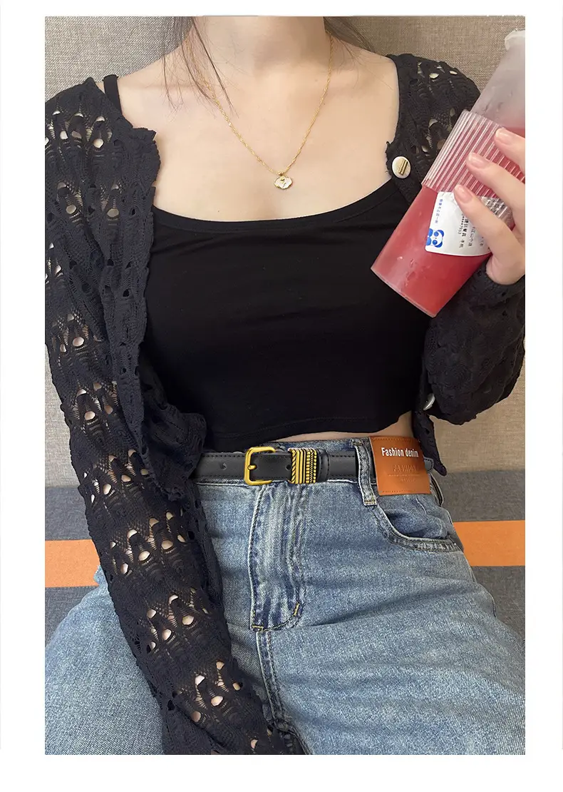Women Brown Leather Belt with Crystal Buckle — feature 4