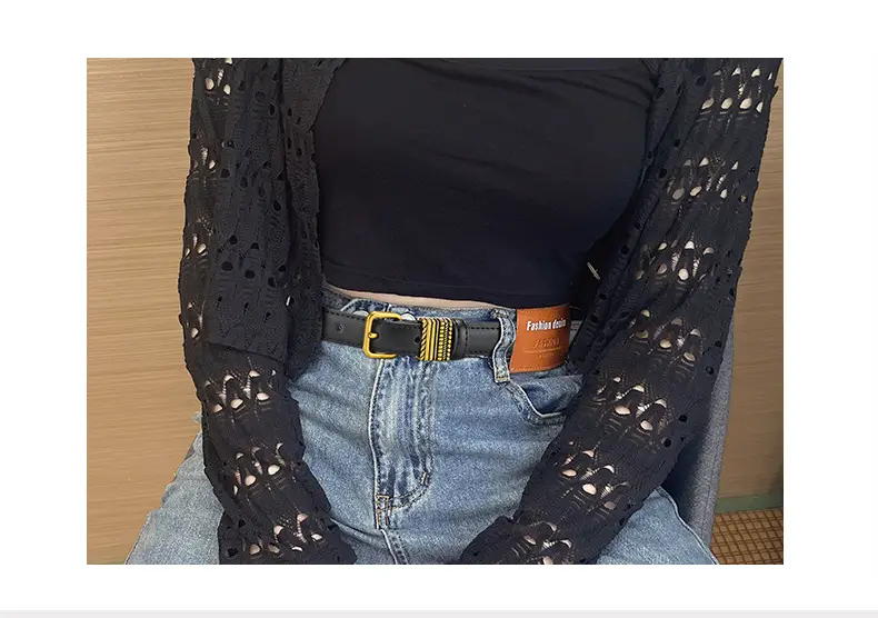 Women Brown Leather Belt with Crystal Buckle — feature 5