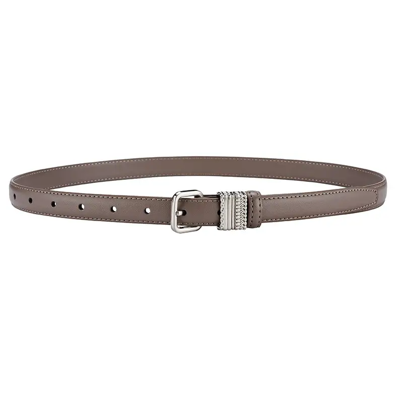 Women Brown Leather Belt with Crystal Buckle - Image 2