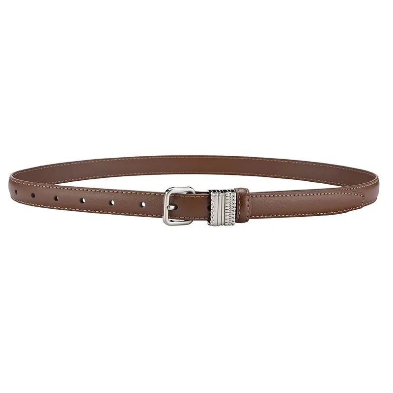 Women Brown Leather Belt with Crystal Buckle - Image 4
