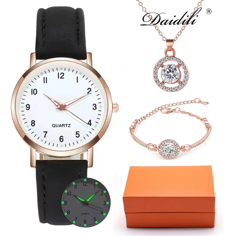 Women's Quartz Watch & Necklace Set Rose Gold Black Strap — feature 4