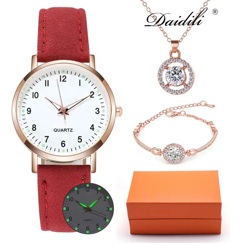 Women's Quartz Watch & Necklace Set Rose Gold Black Strap — feature 5