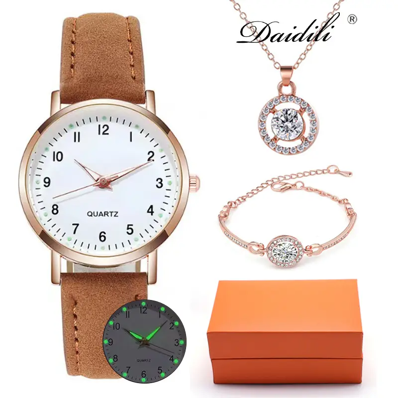 Women's Quartz Watch & Necklace Set Rose Gold Black Strap — feature 6