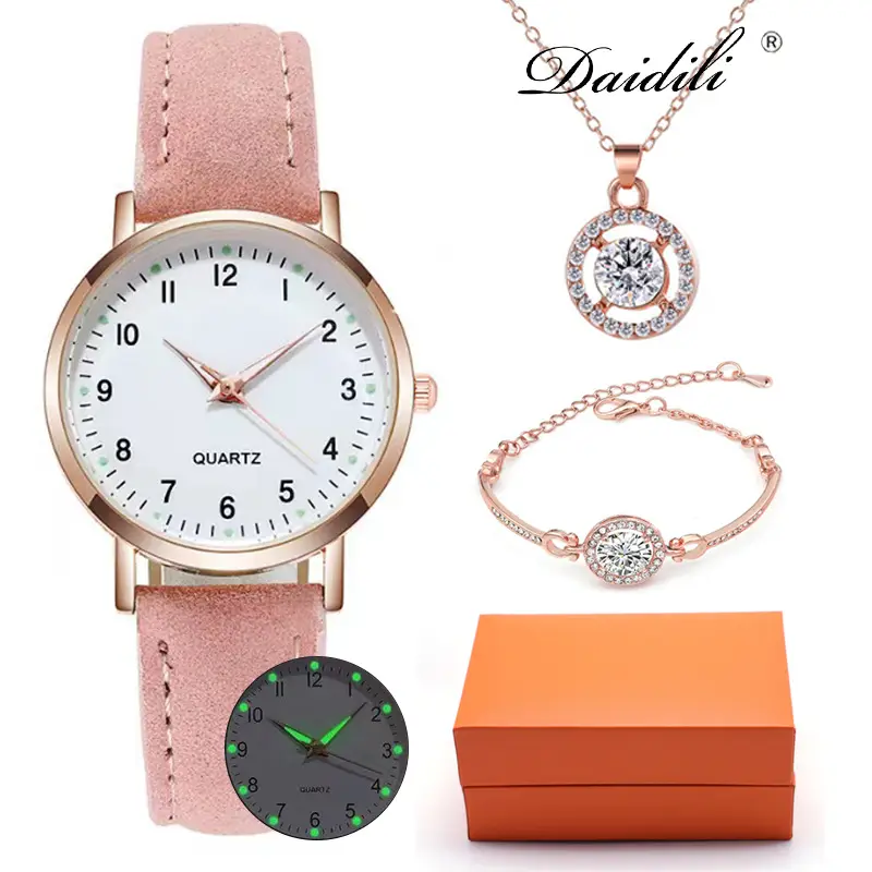 Women's Quartz Watch & Necklace Set Rose Gold Black Strap — feature 7