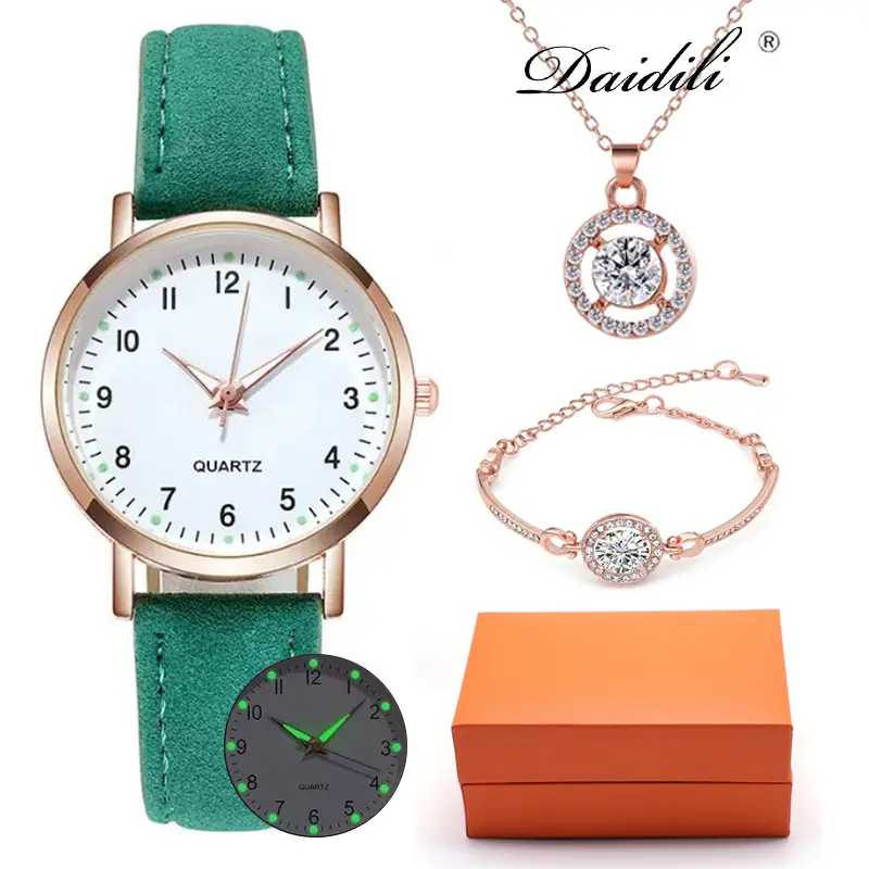 Women's Quartz Watch & Necklace Set Rose Gold Black Strap — feature 8