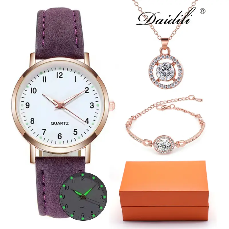 Women's Quartz Watch & Necklace Set Rose Gold Black Strap — feature 9