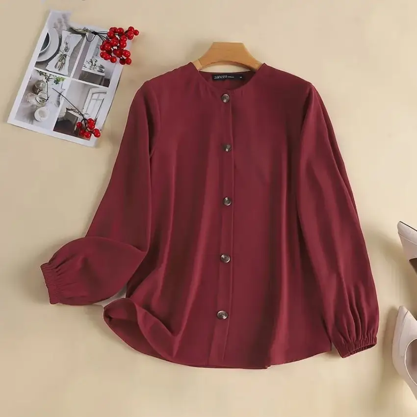 Women's Maroon Long Sleeve Top with Elastic Cuffs — feature 2