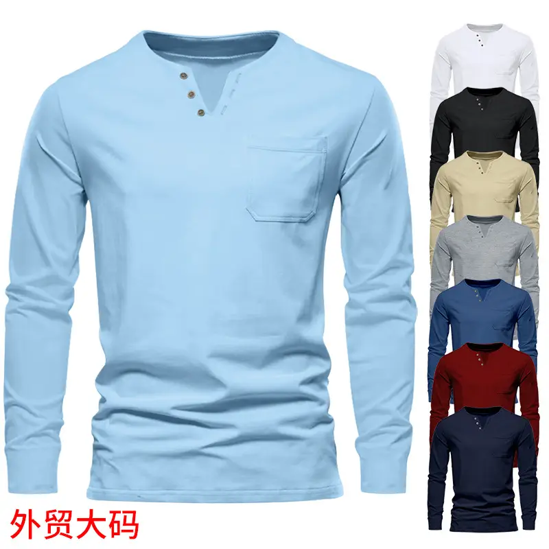 Men Blue Long Sleeve V-Neck T-Shirt with Button Front