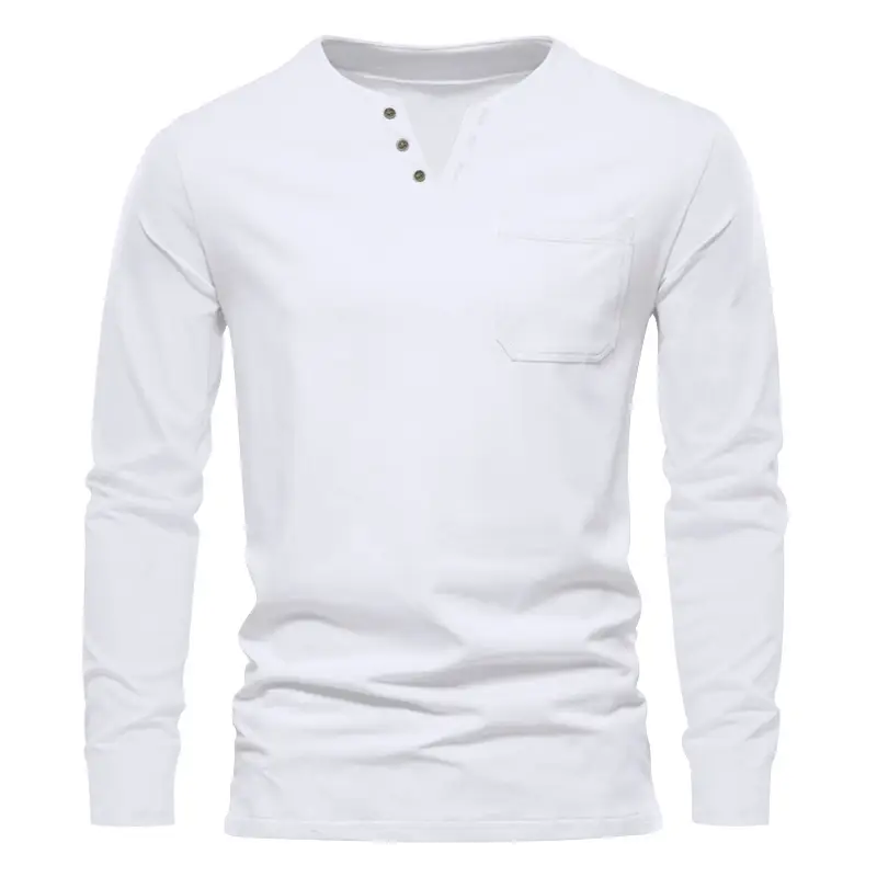 Men Blue Long Sleeve V-Neck T-Shirt with Button Front