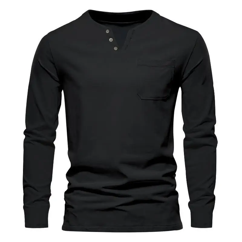 Men Blue Long Sleeve V-Neck T-Shirt with Button Front — feature 10