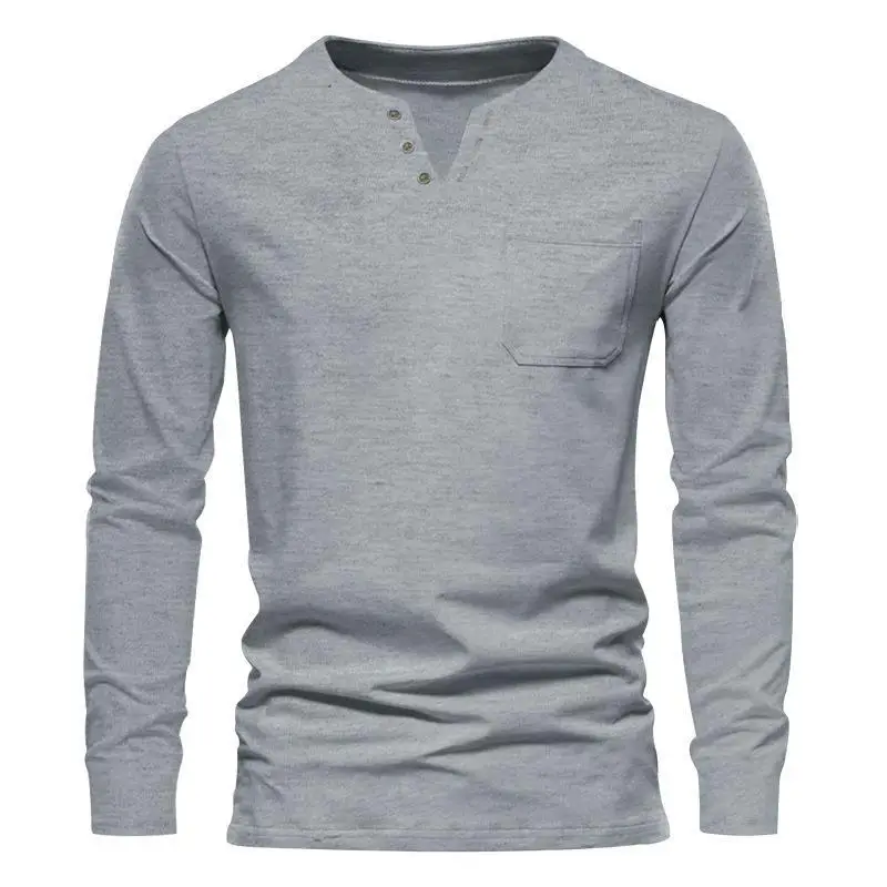Men Blue Long Sleeve V-Neck T-Shirt with Button Front — feature 12