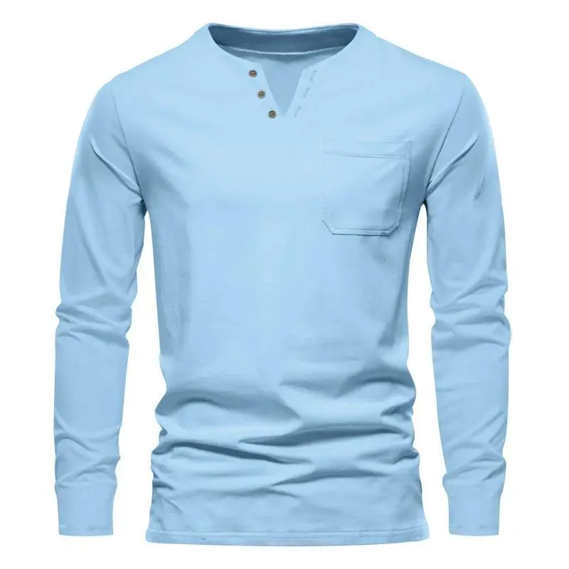 Men Blue Long Sleeve V-Neck T-Shirt with Button Front — feature 13