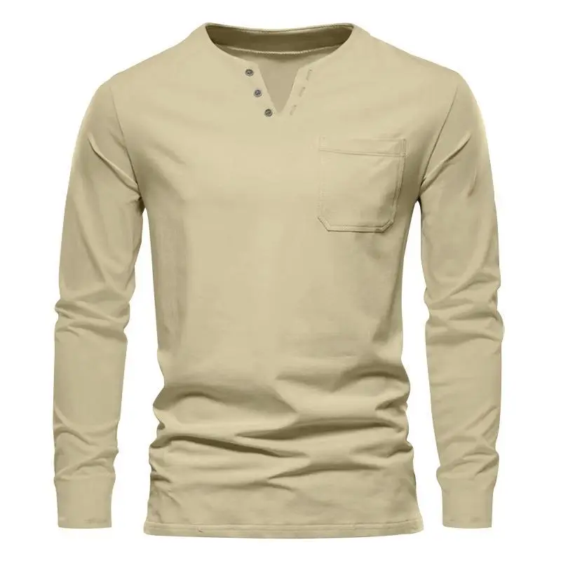 Men Blue Long Sleeve V-Neck T-Shirt with Button Front — feature 14