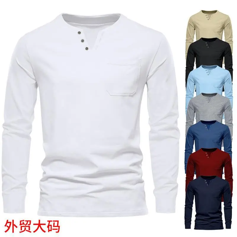 Men Blue Long Sleeve V-Neck T-Shirt with Button Front — feature 4
