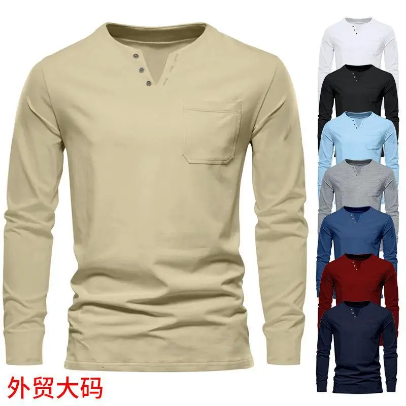 Men Blue Long Sleeve V-Neck T-Shirt with Button Front — feature 5