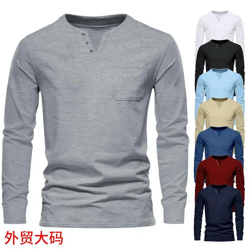 Men Blue Long Sleeve V-Neck T-Shirt with Button Front — feature 7