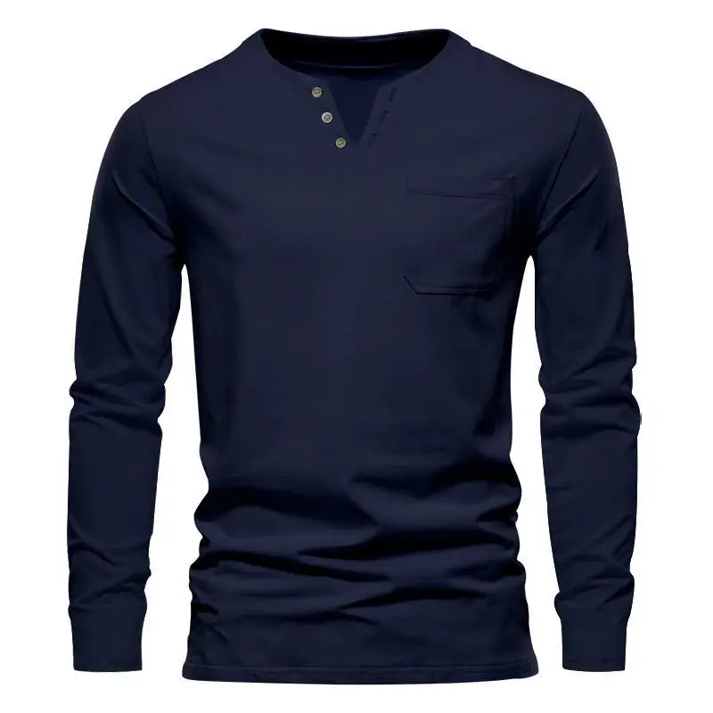 Men Blue Long Sleeve V-Neck T-Shirt with Button Front — feature 9
