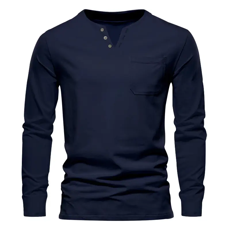 Men Blue Long Sleeve V-Neck T-Shirt with Button Front