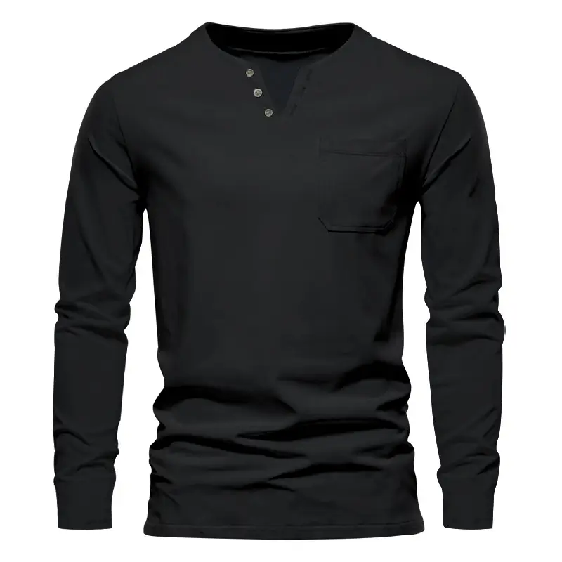 Men Blue Long Sleeve V-Neck T-Shirt with Button Front