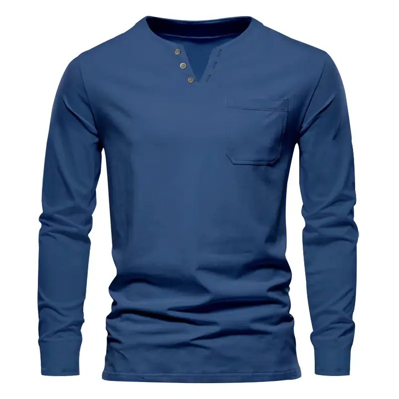 Men Blue Long Sleeve V-Neck T-Shirt with Button Front